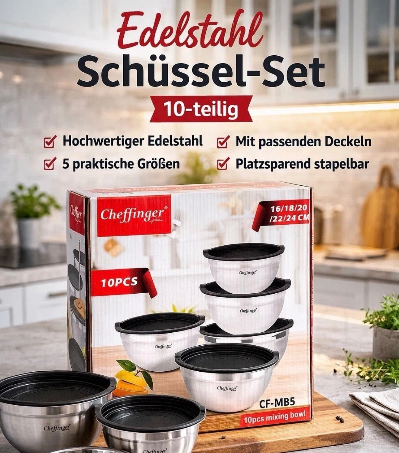 Edelstahl Schüssel- Set mit Deckel 10er