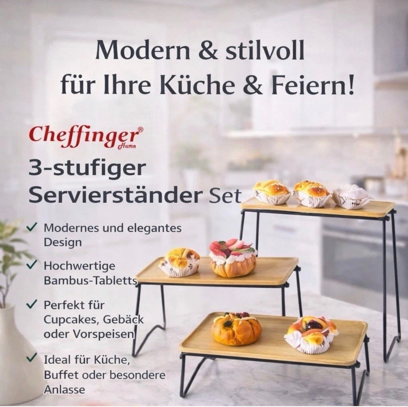 Serviertablett Tablett Set mit klappbaren Beinen Etagere 3tlg
